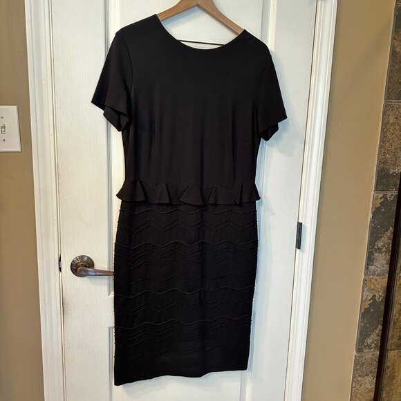 Escada | 44 XL Black Peplum Short Sleeve Pencil Dress Mod Career Stretch Viscose - Picture 2 of 11